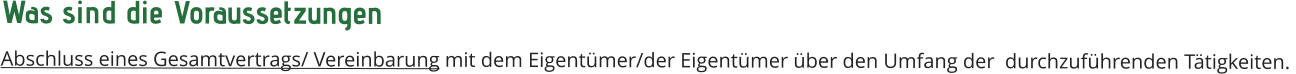 Was sind die Voraussetzungen  Abschluss eines Gesamtvertrags/ Vereinbarung mit dem Eigentümer/der Eigentümer über den Umfang der  durchzuführenden Tätigkeiten.